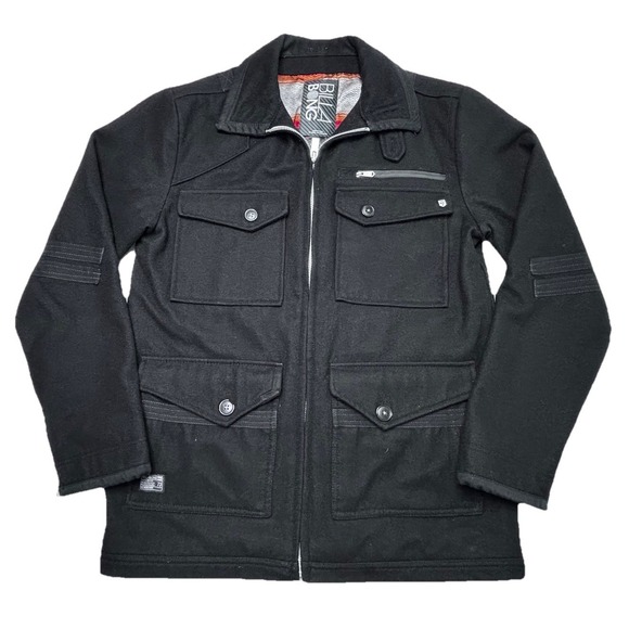 Billabong Wool Blend Jacket Mens L Black Military Utility Coat Surf Zip